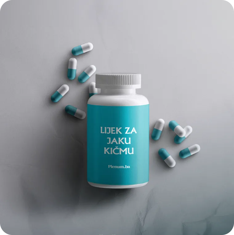 White pill bottle with turquoise label and white cap surrounded by white and turquoise capsules on a gray surface.