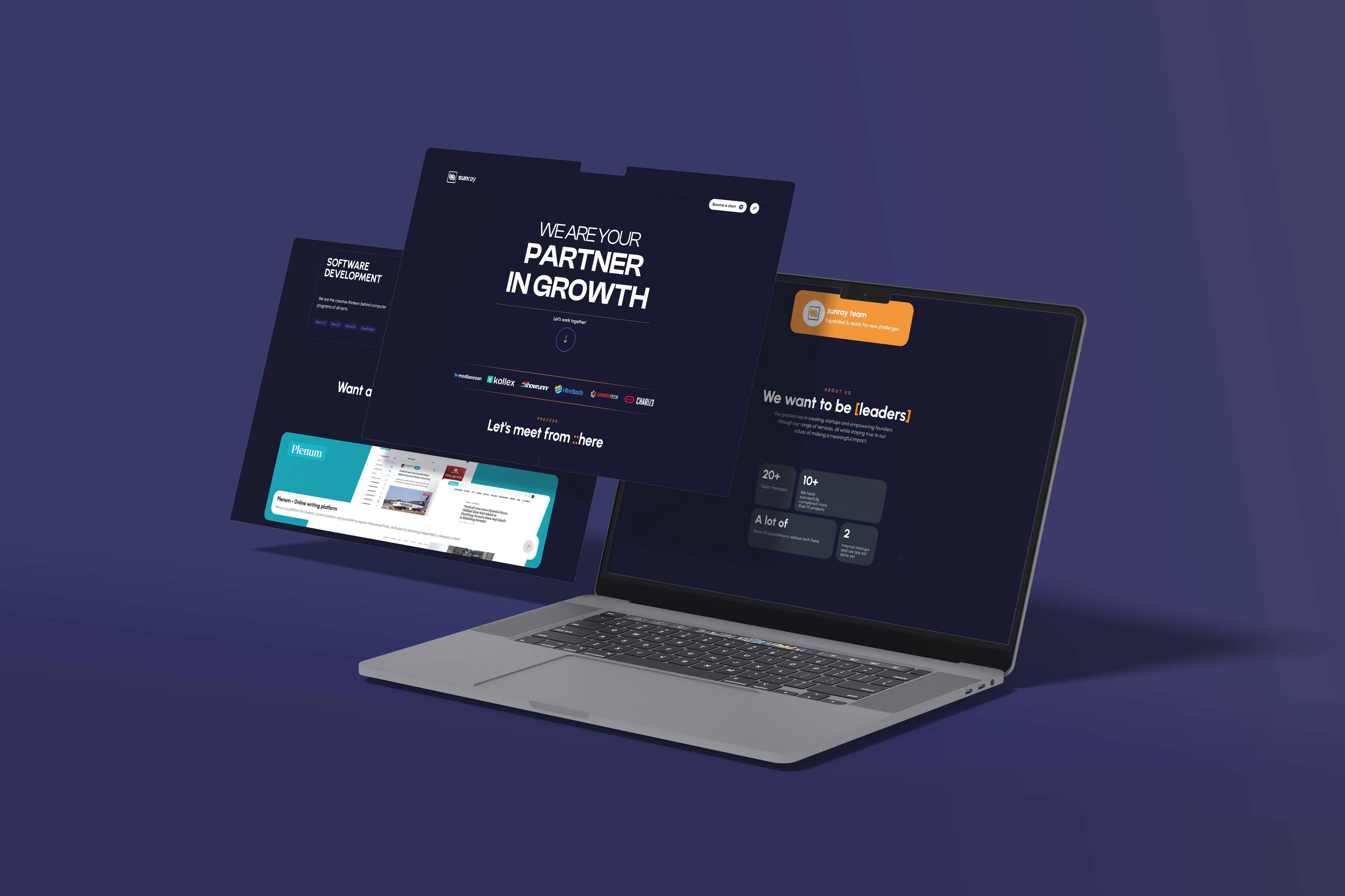 Open laptop with three floating dark-themed web pages showcasing partnership, team leaders, and software development services.