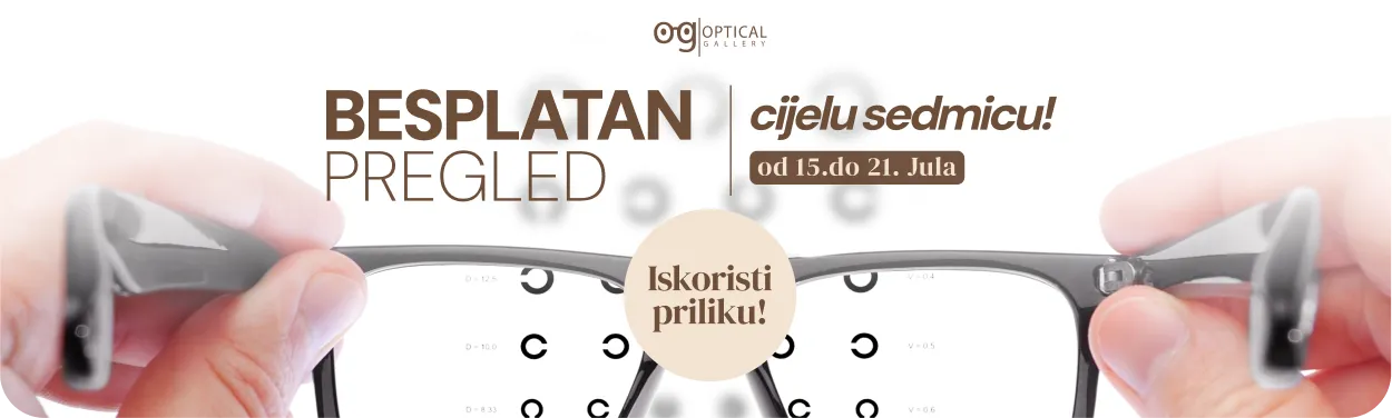 Hands holding eyeglasses with an eye chart focused through the lenses and text promoting a free eye exam for the whole week from July 15 to 21.