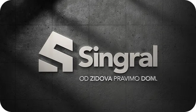 Silver 3D logo with a stylized house shape and the text 'Singral' and slogan 'OD ZIDOVA PRAVIMO DOM.' on a dark concrete wall.