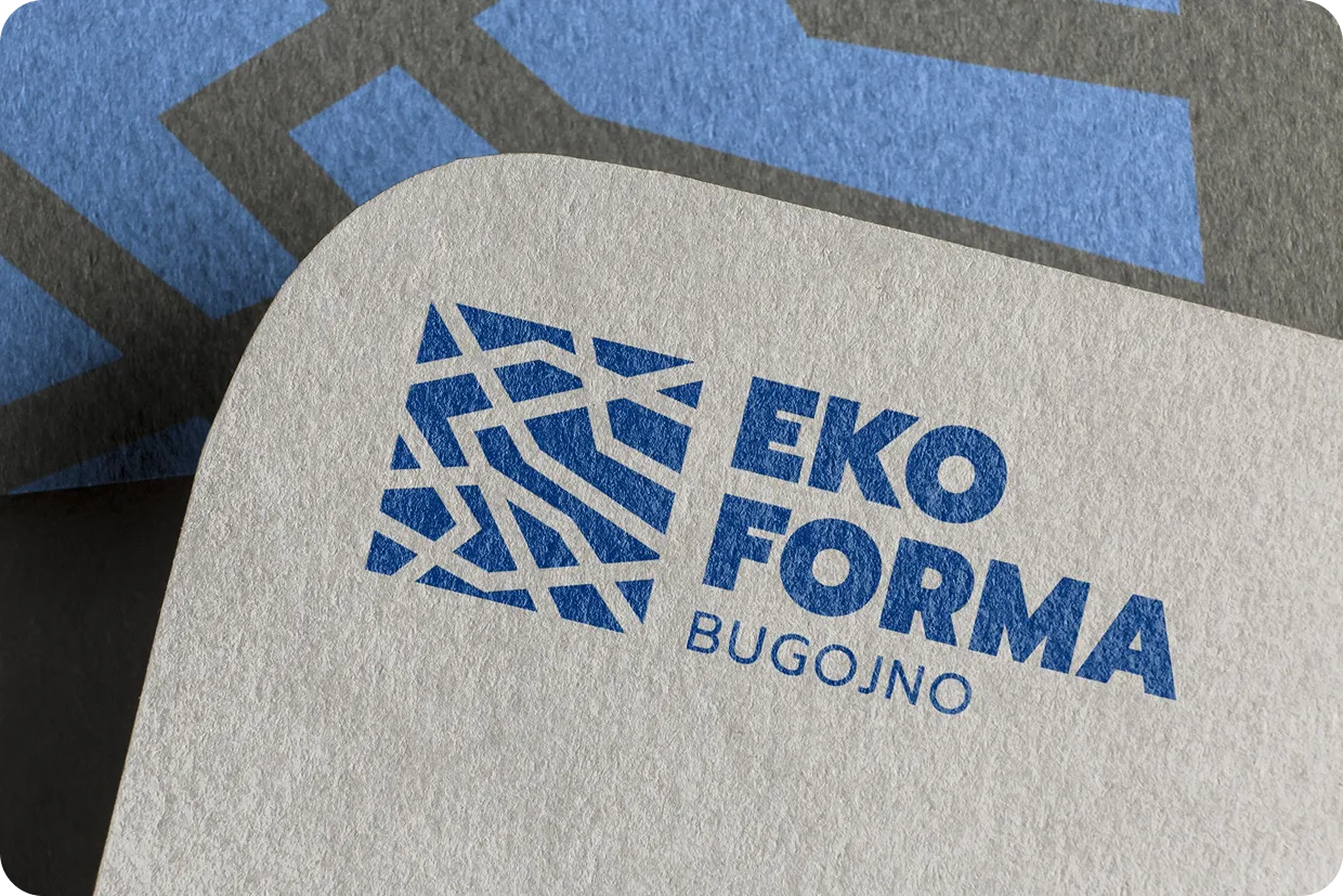 EKO FORMA BUGOJNO logo with blue geometric pattern on textured paper.