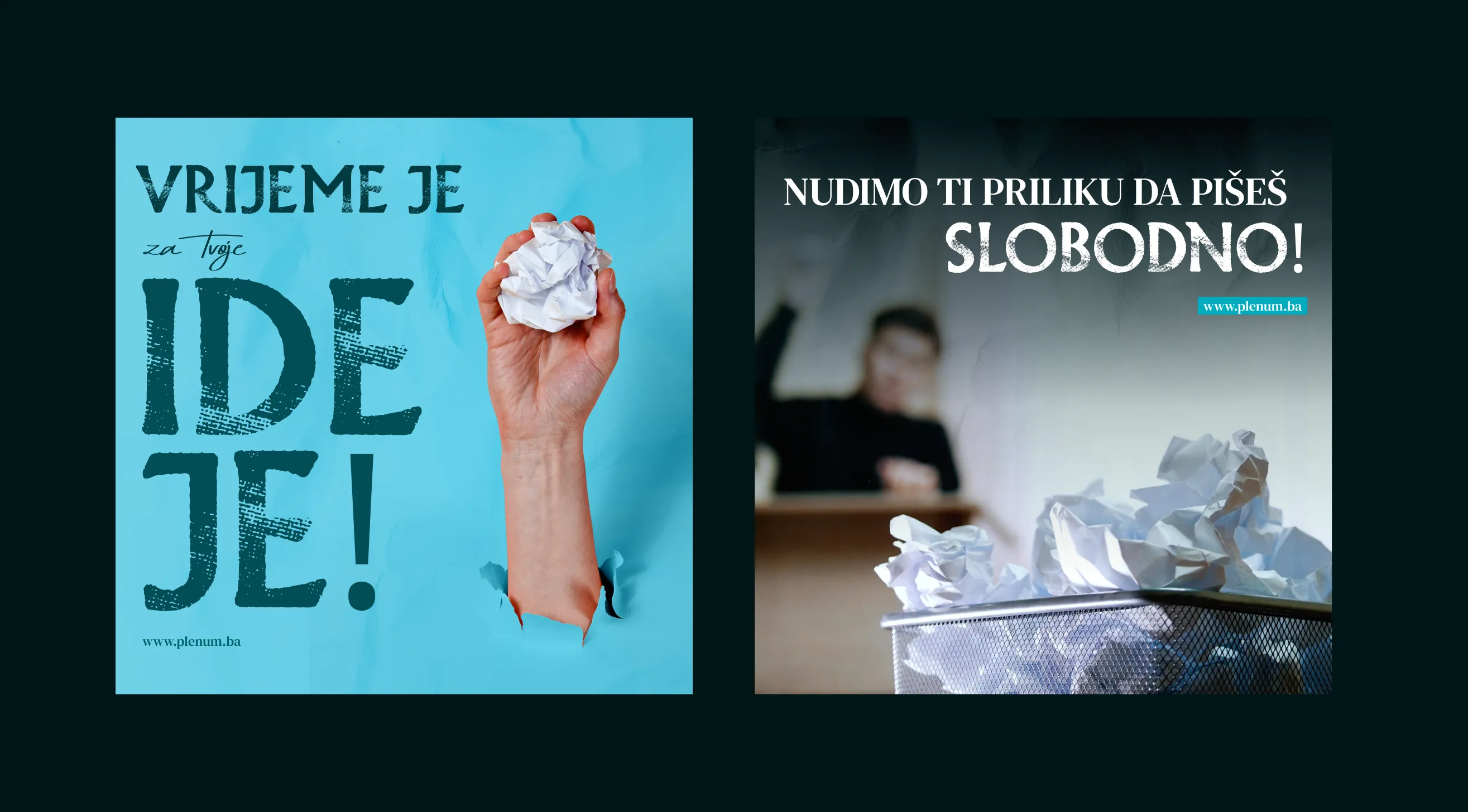 Two-part image with the left showing a hand holding a crumpled paper ball through torn blue paper, and text encouraging ideas; the right showing a wastebasket overflowing with crumpled papers and blurred person in background, with text inviting to write freely.