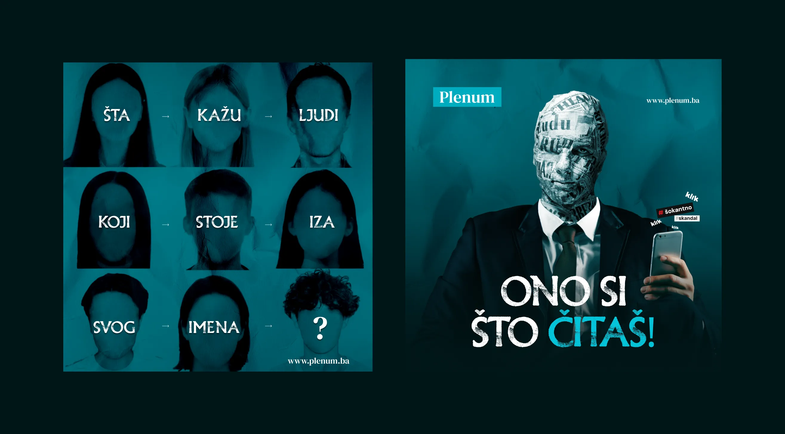 Left side shows faceless people with the text 'ŠTA KAŽU LJUDI KOJI STOJE IZA SVOG IMENA?'; right side shows a man in a suit with a face covered in newspaper text holding a phone, with the text 'ONo SI ŠTO ČITAŠ!' and hashtags '#šokantno' and '#skandal'.