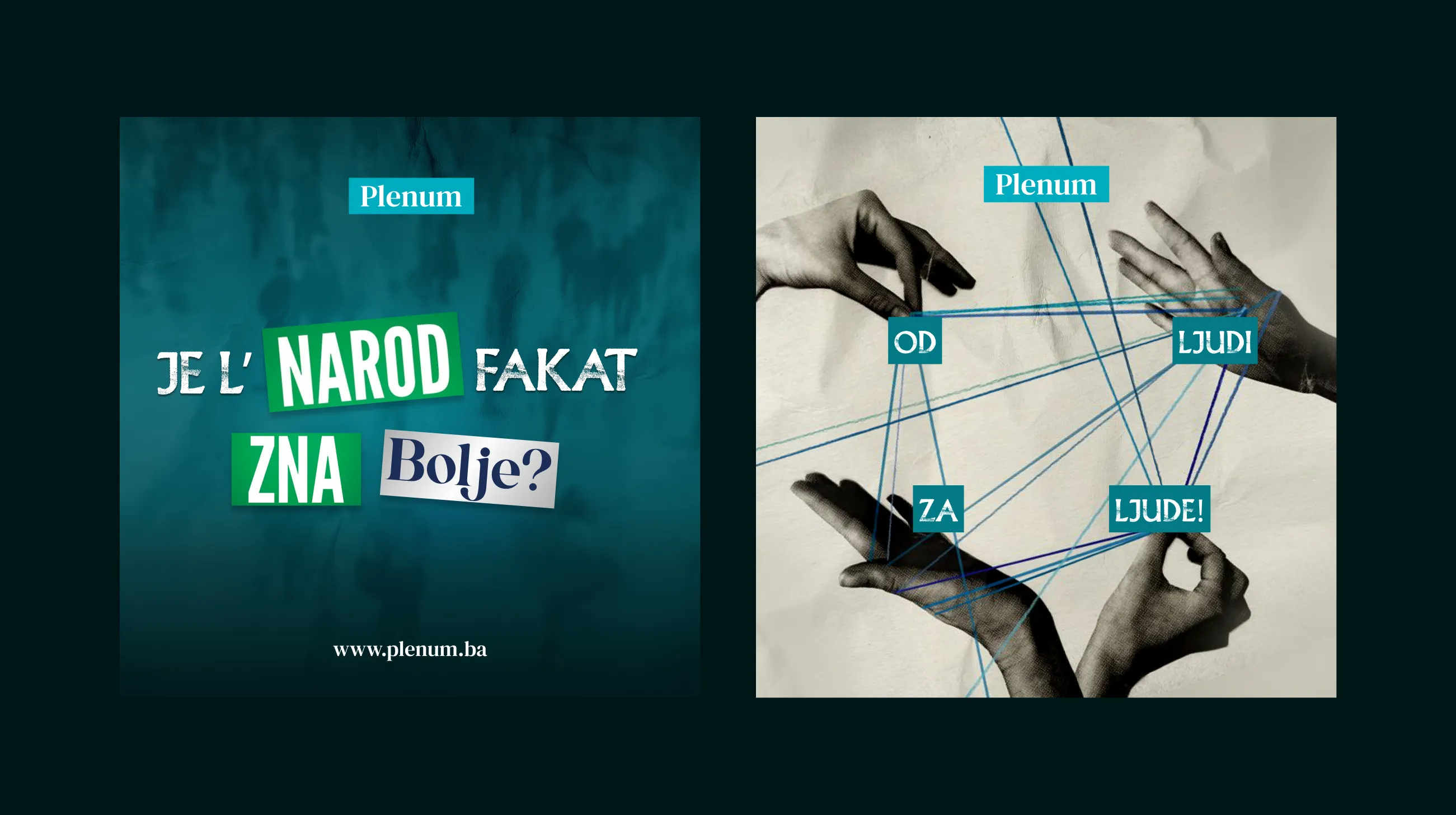 Two graphic panels: left with text 'Je l' narod fakat zna bolje?' on a blue background; right with four hands connected by blue lines and labeled words 'Plenum', 'od', 'za', 'ljudi', 'ljude!' on a beige background.