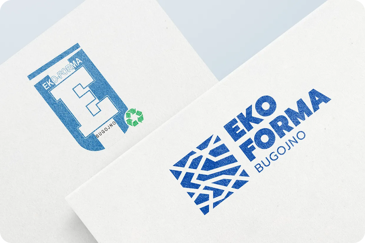 Two versions of the EKO-FORMA logo in blue text with geometric elements and 'BUGOJNO' underneath, one including a green recycling symbol.