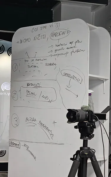 Whiteboard with handwritten notes in a Slavic language, diagrams, and arrows next to a black camera mounted on a tripod.