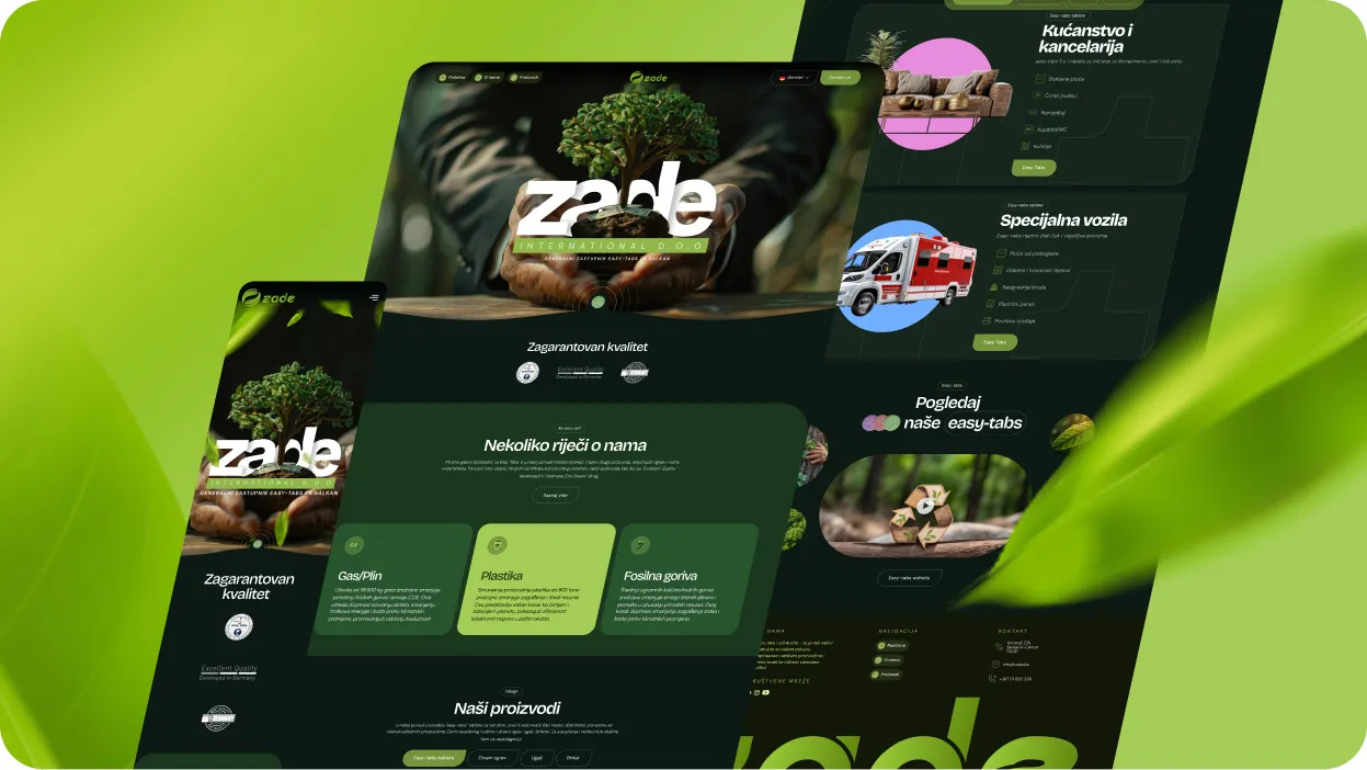 Website design mockup showing a green-themed homepage with a logo featuring hands holding a tree, sections about quality guarantee, product categories like gas, plastic, and fuel, and tabs for home and office furniture and special vehicles.