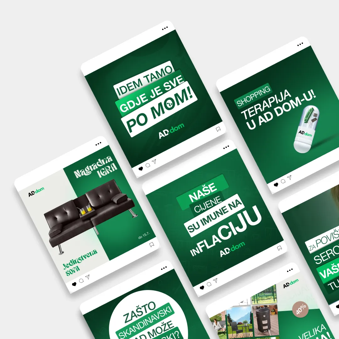 Grid of social media posts with green backgrounds featuring Croatian text about shopping, inflation, a sofa giveaway, and home therapy from ADdom.