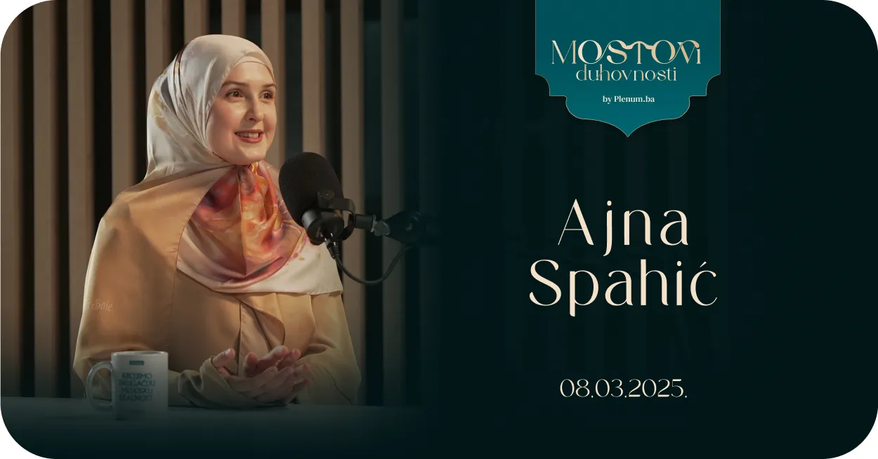 Woman wearing a beige and floral hijab speaking into a microphone during a recorded session.