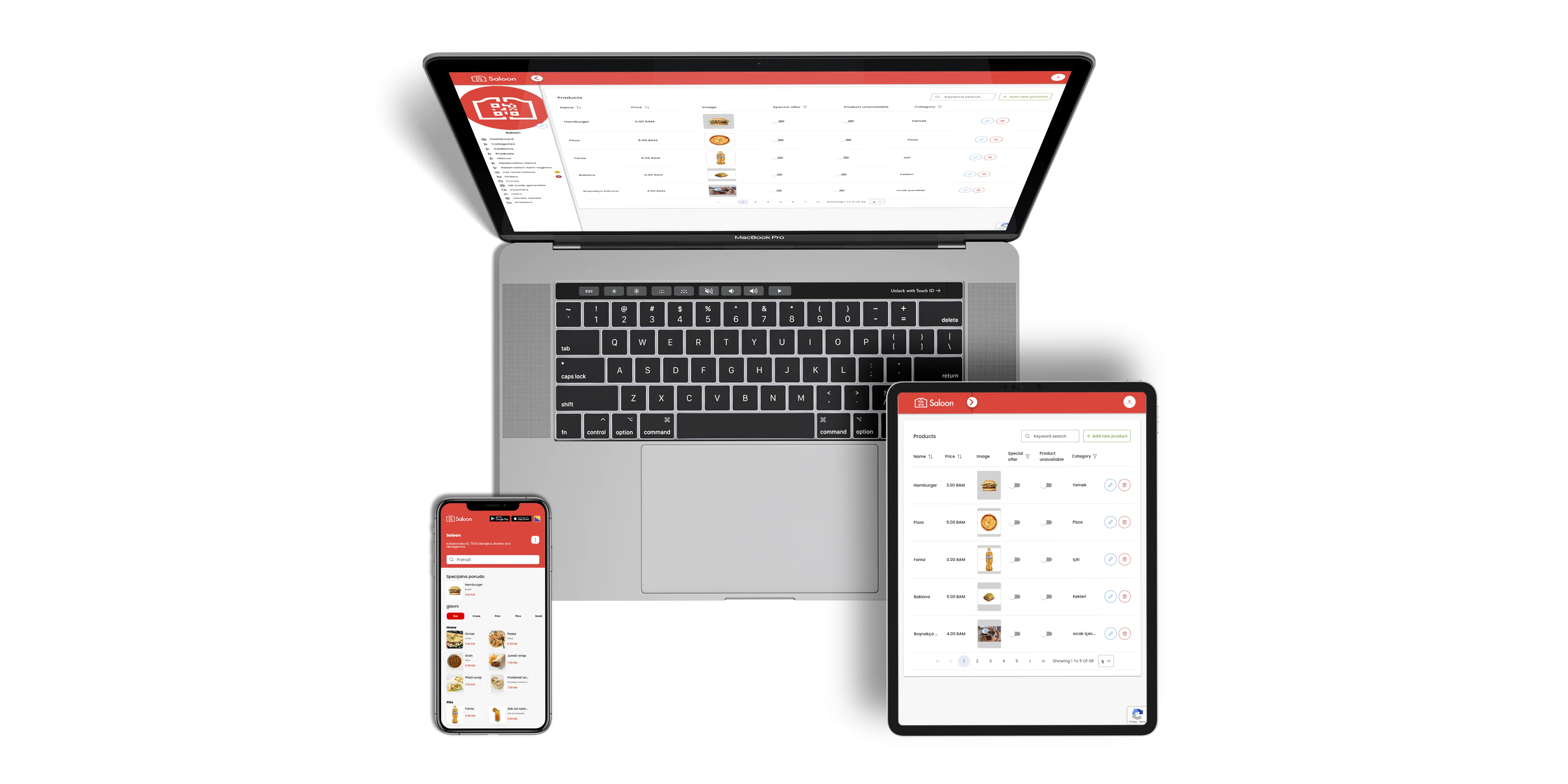 MacBook Pro, tablet, and smartphone displaying a restaurant menu management system with product lists and images.