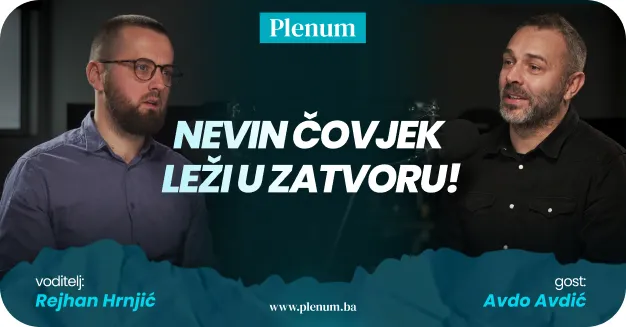 Two men in a studio setting with text in Bosnian stating 'Nevin čovjek leži u zatvoru!' and names Rejhan Hrnjić and Avdo Avdić.