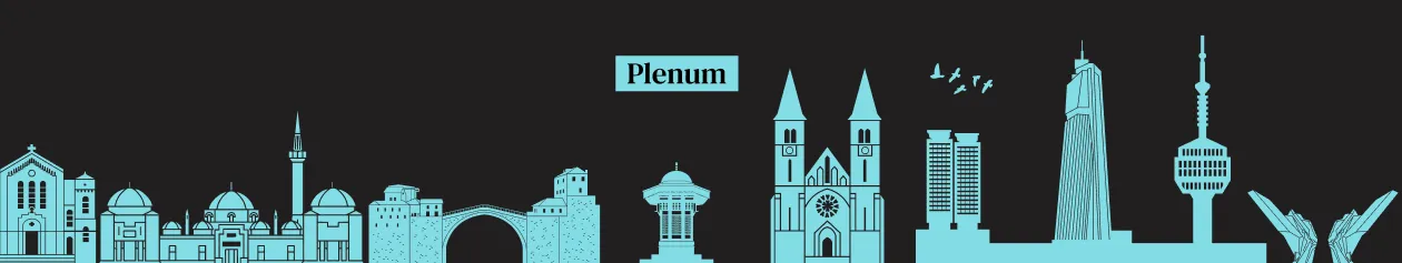 Blue silhouette of Sarajevo city landmarks including mosques, bridges, a cathedral, modern towers, and the word 'Plenum' on a black background.