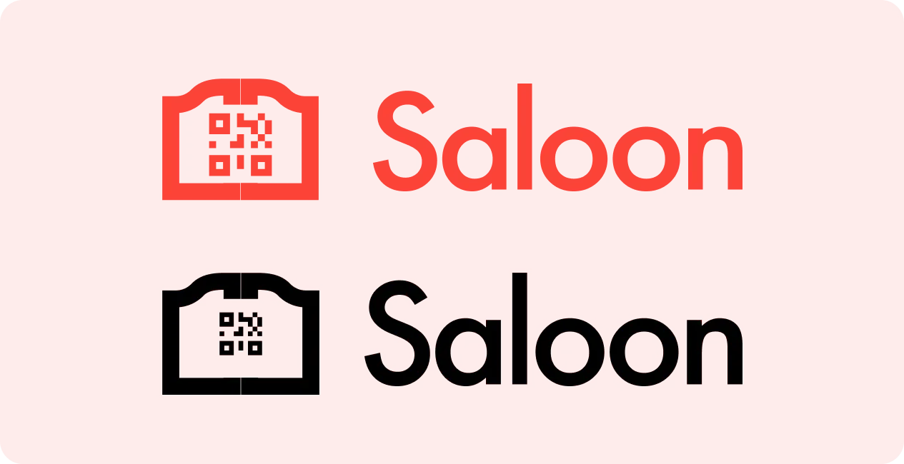 Black icon resembling a wallet with a QR code inside next to the word 'Saloon' on a red background.