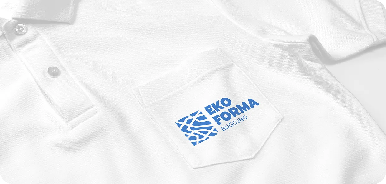 White polo shirt with a pocket featuring a blue logo and text reading 'EKO FORMA BUGOJNO'.