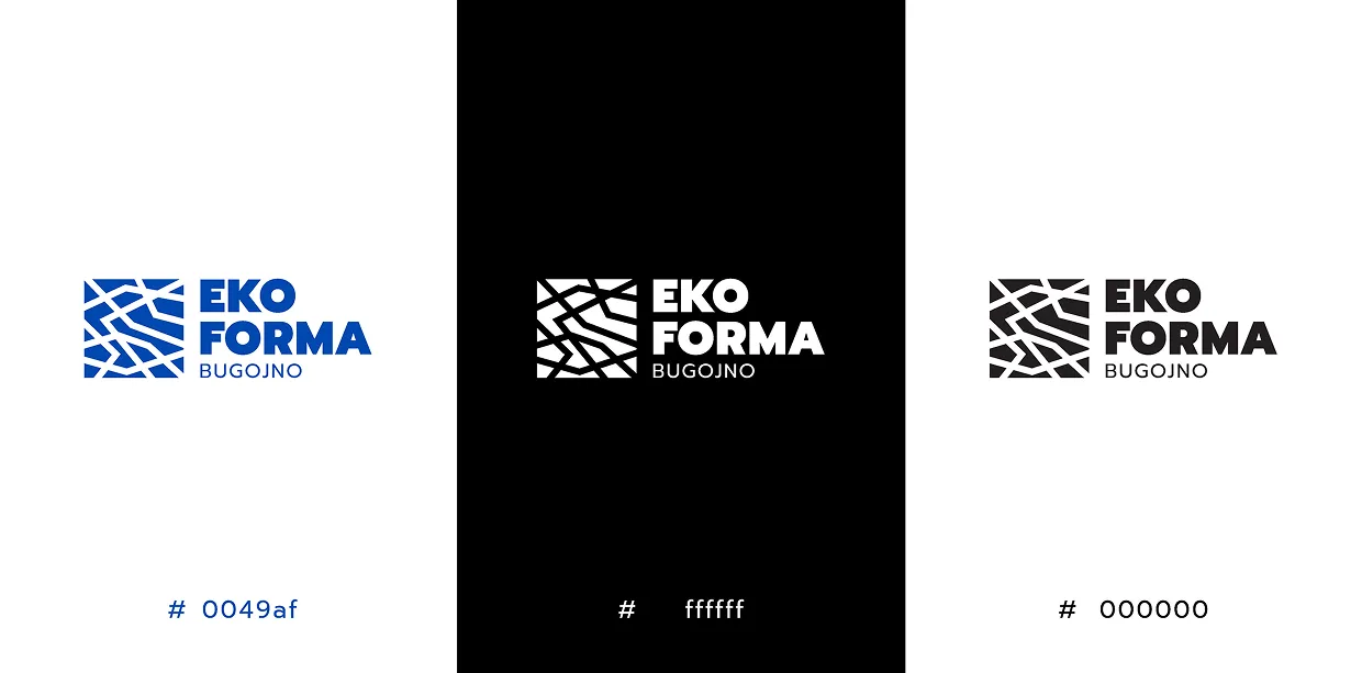 Three variations of the EKO FORMA BUGOJNO logo with abstract geometric design: blue on white background, white on black background, and black on white background.