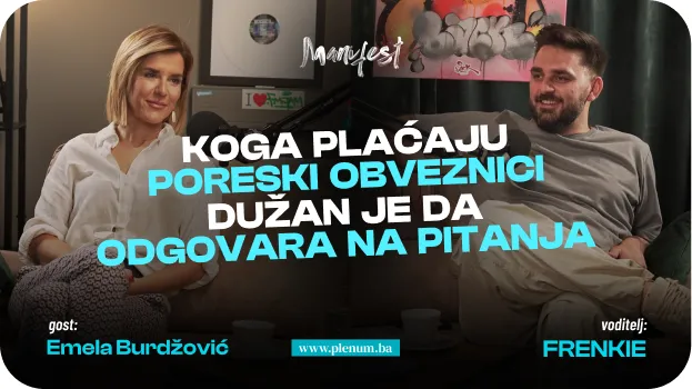 Two people seated on a couch having a discussion with text in Bosnian about tax obligations and responsibilities.