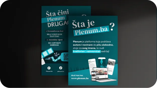 Two teal-colored informational flyers about Plenum.ba platform, highlighting content creation and quality diversity, with website and social media icons.