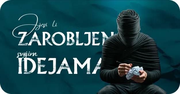 Person completely wrapped in black rope holding a crumpled paper and pen, next to stylized text in Croatian on a dark teal background.