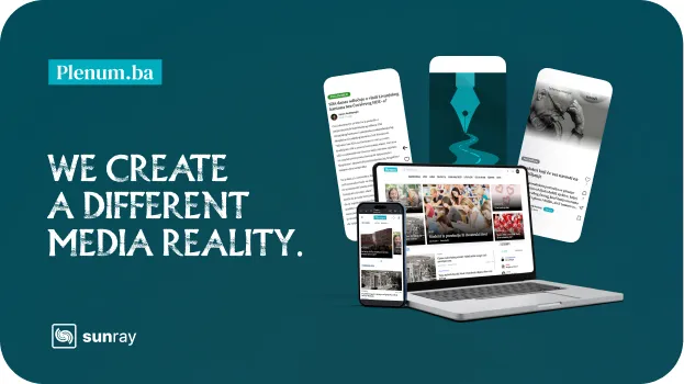 Graphic with text 'We create a different media reality' showing a laptop and smartphone displaying news content on a dark teal background.