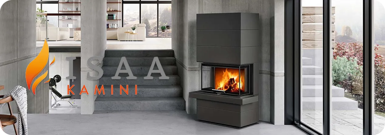 Modern living space with a sleek, dark gray corner fireplace with fire burning, concrete stairs in the background, and large glass doors showing an outdoor garden.