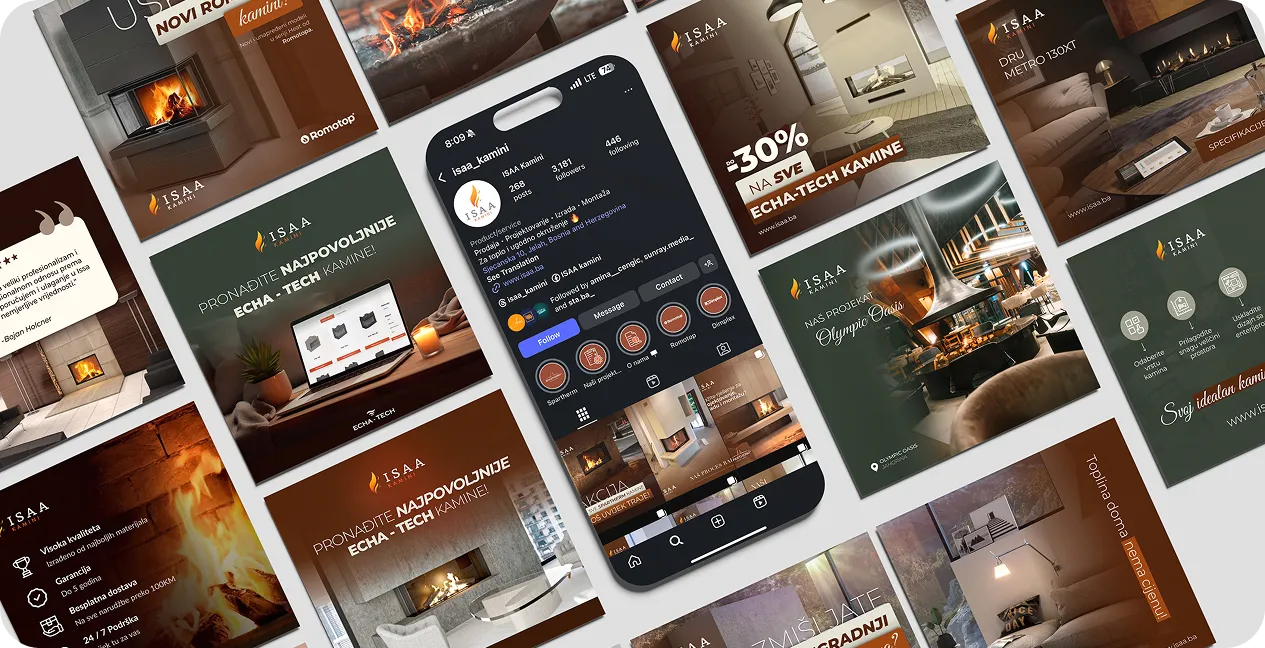Collage of promotional social media posts and a phone screen showing ISAA Kamini Instagram profile with images of fireplaces and discounts on Echa-Tech fireplaces.