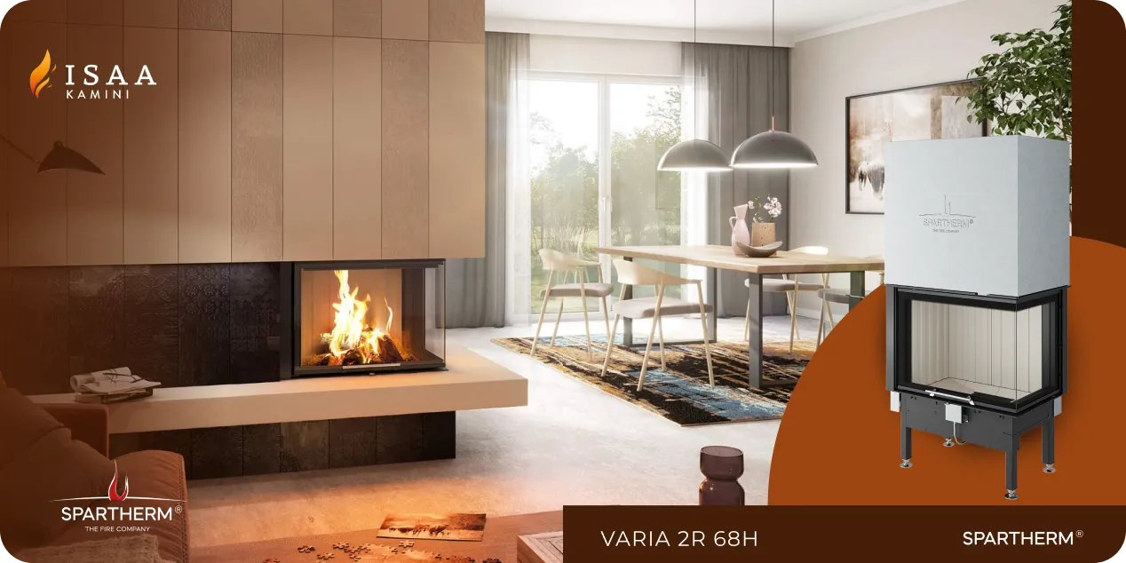 Modern living room with a burning fireplace set in a beige and black surround, adjacent to a dining area with wooden table and chairs under pendant lights, and an image of the Spartherm Varia 2R 68H fireplace insert.