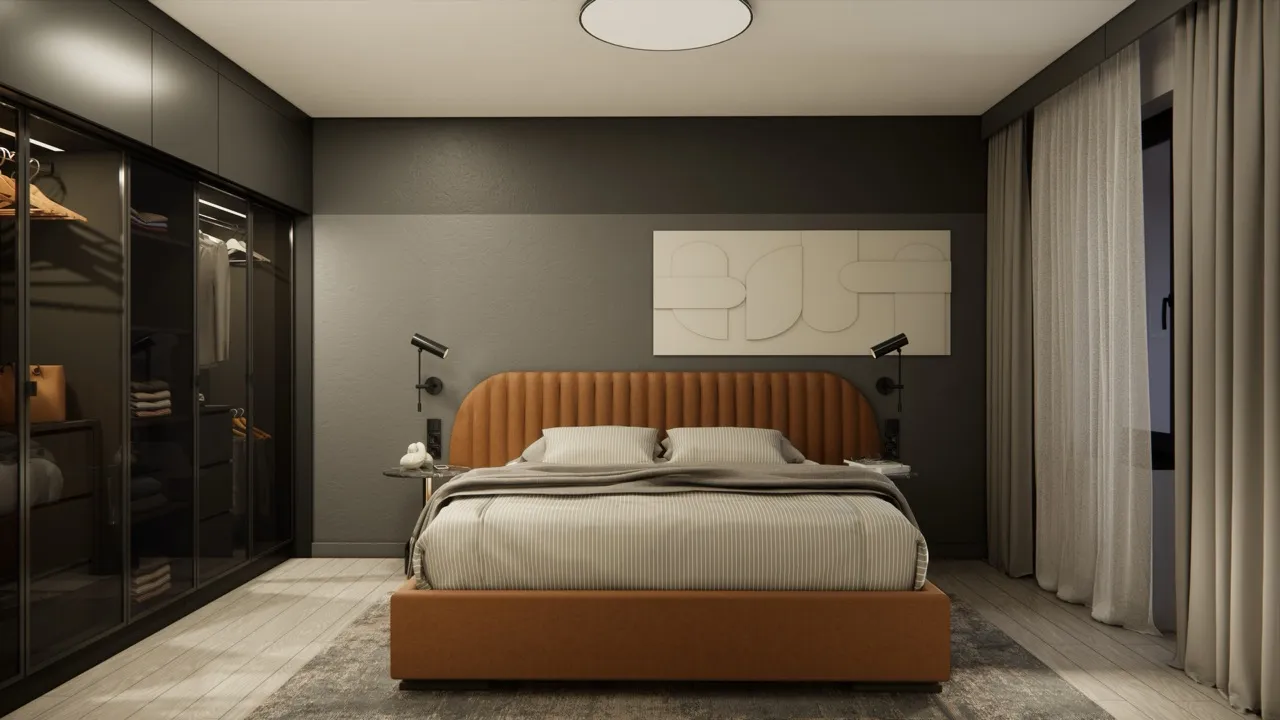 Modern bedroom with brown leather bed, gray walls, two bedside tables with lamps, and a wardrobe with glass doors.
