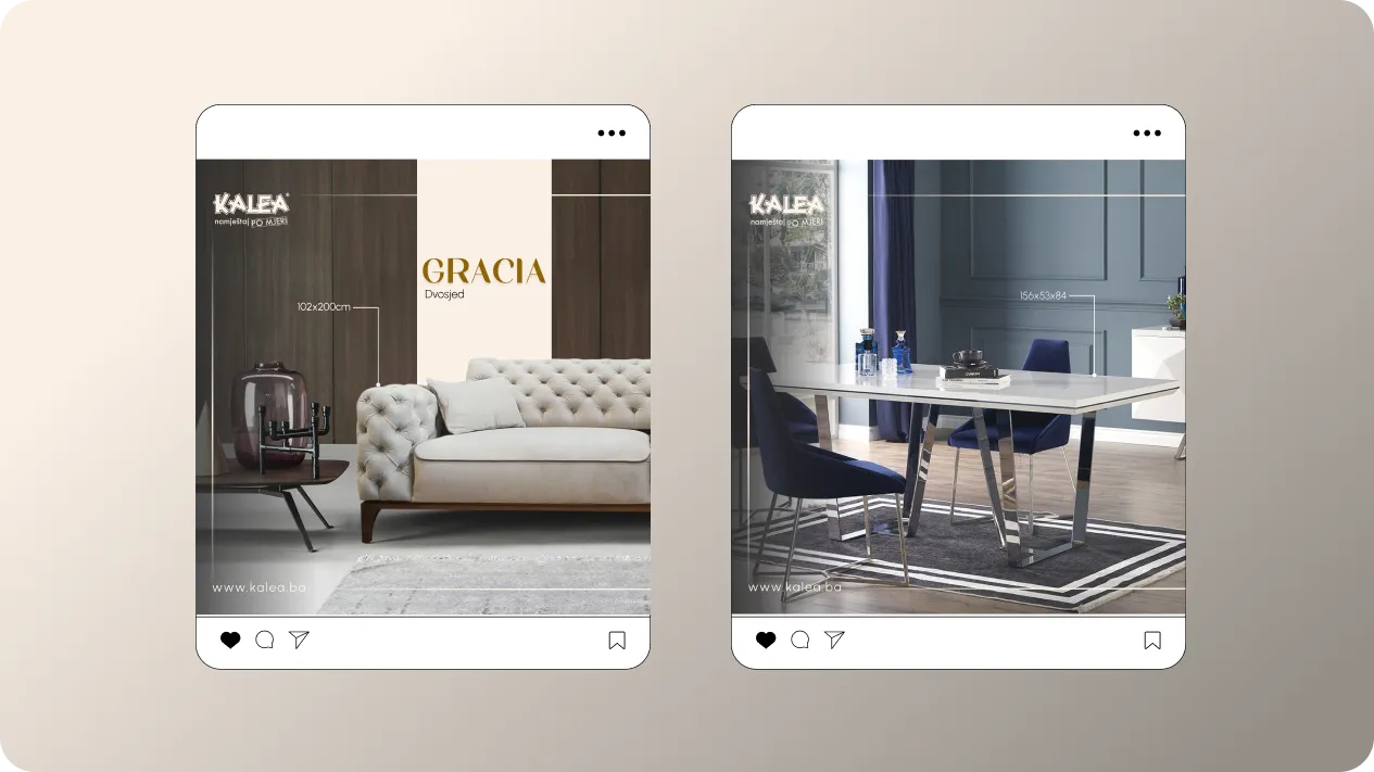 Side-by-side Instagram-style posts featuring KALEA furniture: left, a beige tufted sofa named GRACIA with dimensions 102x200 cm; right, a white dining table with chrome legs and blue chairs, dimensions 156x53x84 cm.