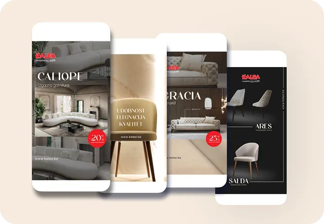 Four smartphone screens displaying furniture ads for Kalea, featuring sofas, chairs, and discount offers of 20% and 25%.