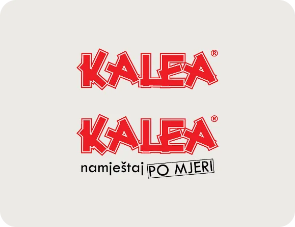 Red KALEA logo twice, with text 'namještaj PO MJERI' underneath the second logo on a light background.