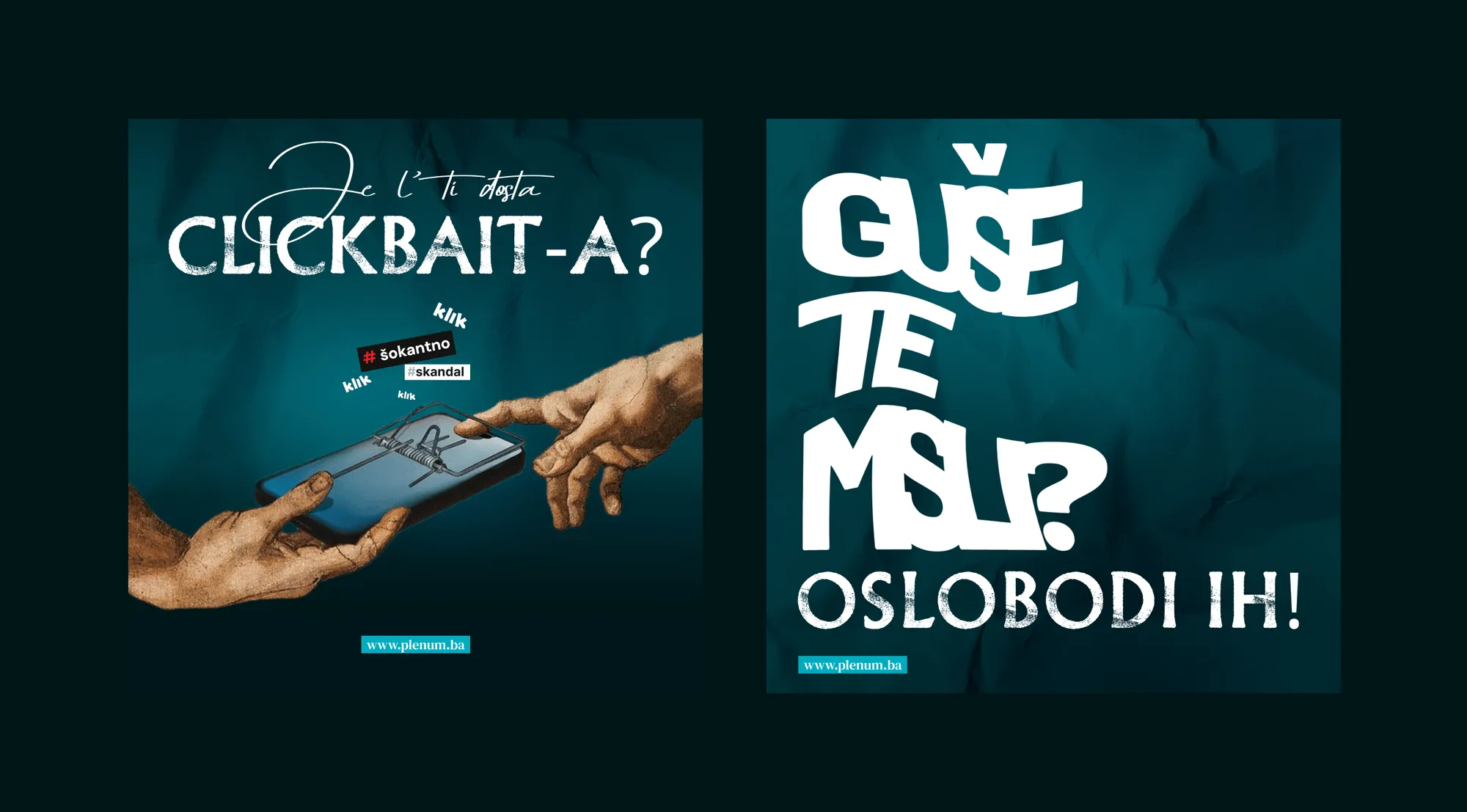 Two-panel image: left panel shows two painted hands holding a smartphone that is a mousetrap with words '#šokantno #skandal' and 'klik'; right panel displays bold text asking 'GUŠE TE MASA? OSLOBODI IH!' with a website www.plenum.ba.