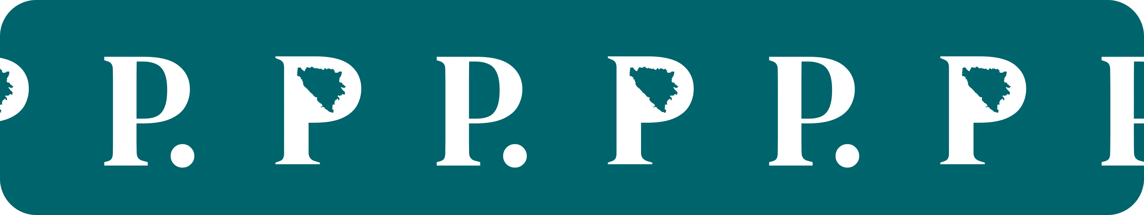 Logo pattern featuring the letters P and dots, with the letter P containing a map silhouette of Bosnia and Herzegovina inside the arch.