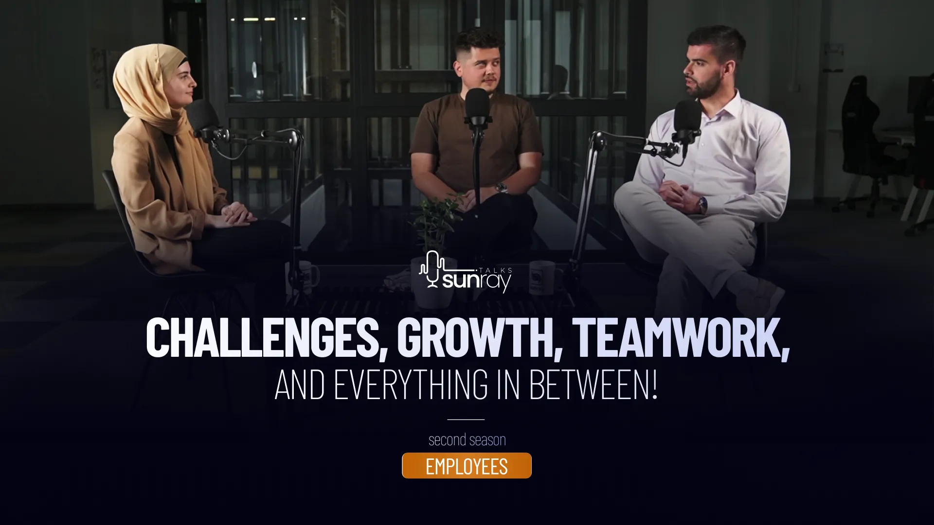 Three people sitting in a podcast studio with microphones, with text overlay reading 'Challenges, Growth, Teamwork, and Everything in Between! second season EMPLOYEES.'