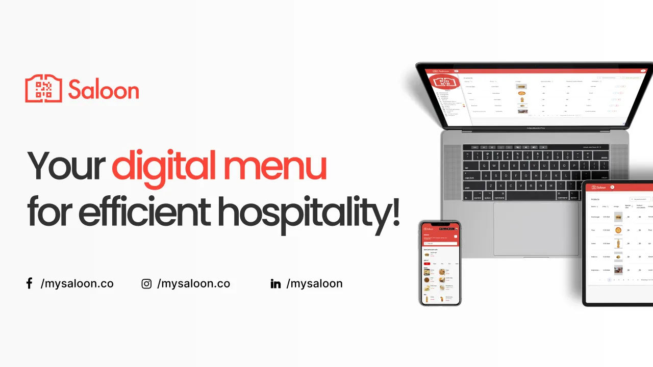 Digital menu interface displayed on a laptop, tablet, and smartphone with Saloon branding and social media handles.