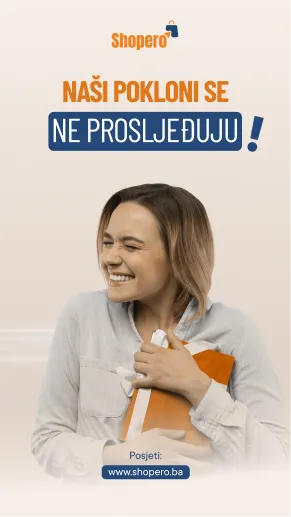 Smiling woman hugging an orange gift box with text in Bosnian about gifts from Shopero and website link www.shopero.ba.