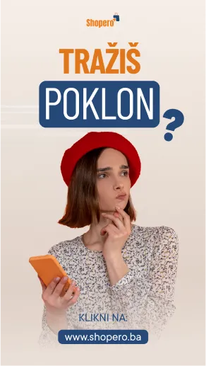 Woman in red beret holding orange phone and looking thoughtful under text asking if you are looking for a gift, with website www.shopero.ba.