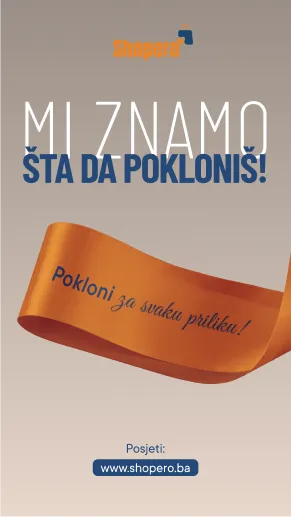 Promotional graphic with text 'We know what to gift!' and an orange ribbon reading 'Gifts for every occasion!' above a website URL www.shopero.ba.