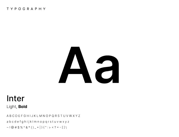 Typography sample showing the font Inter in Light and Bold weights with uppercase, lowercase letters, and special characters.