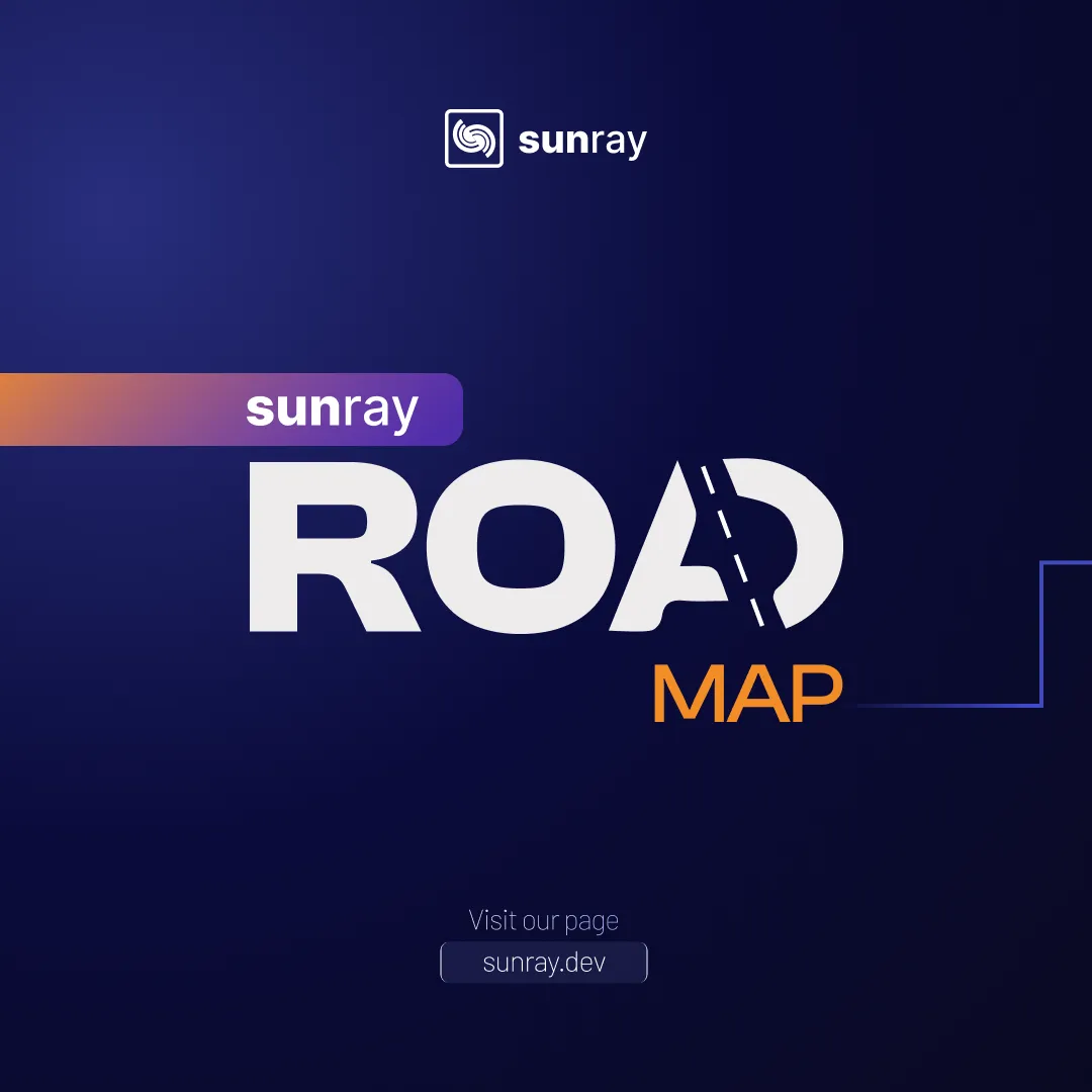 Sunray logo with stylized text 'sunray ROAD MAP' and website link sunray.dev on a dark blue background.