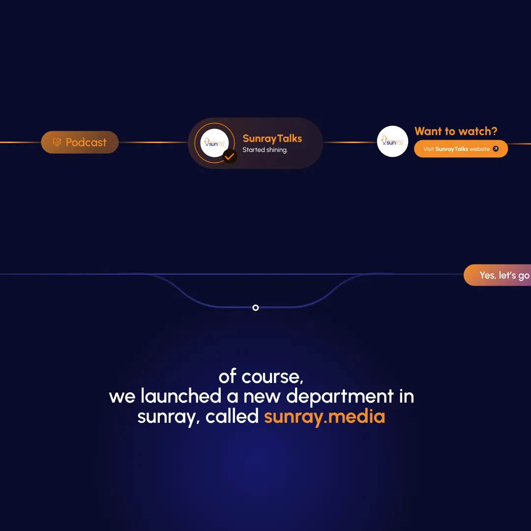 Dark-themed graphic announcing the launch of a new Sunray department called sunray.media with navigation labels Podcast, SunrayTalks, and a prompt to visit the SunrayTalks website.