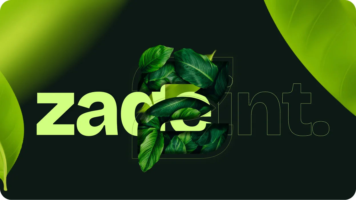 Text 'zadeint.' with the letter 'e' filled with green tropical leaves and large green leaves on dark background.