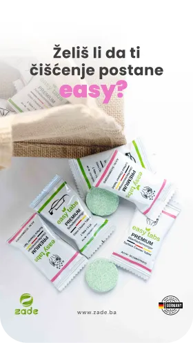Packages of Easy Tabs Premium cleaning tablets with two green tablets outside, accompanied by text in Bosnian asking if cleaning should become easy.