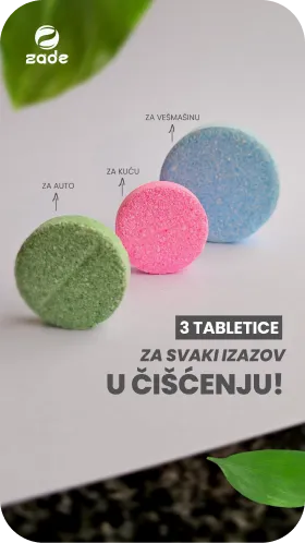 Three colored cleaning tablets labeled for car (green), home (pink), and washing machine (blue) with text '3 tablets for every cleaning challenge!' in Serbian.