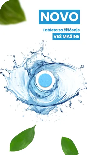 Blue cleaning tablet for washing machines surrounded by splashing water and green leaves, advertising a new washing machine cleaning tablet.