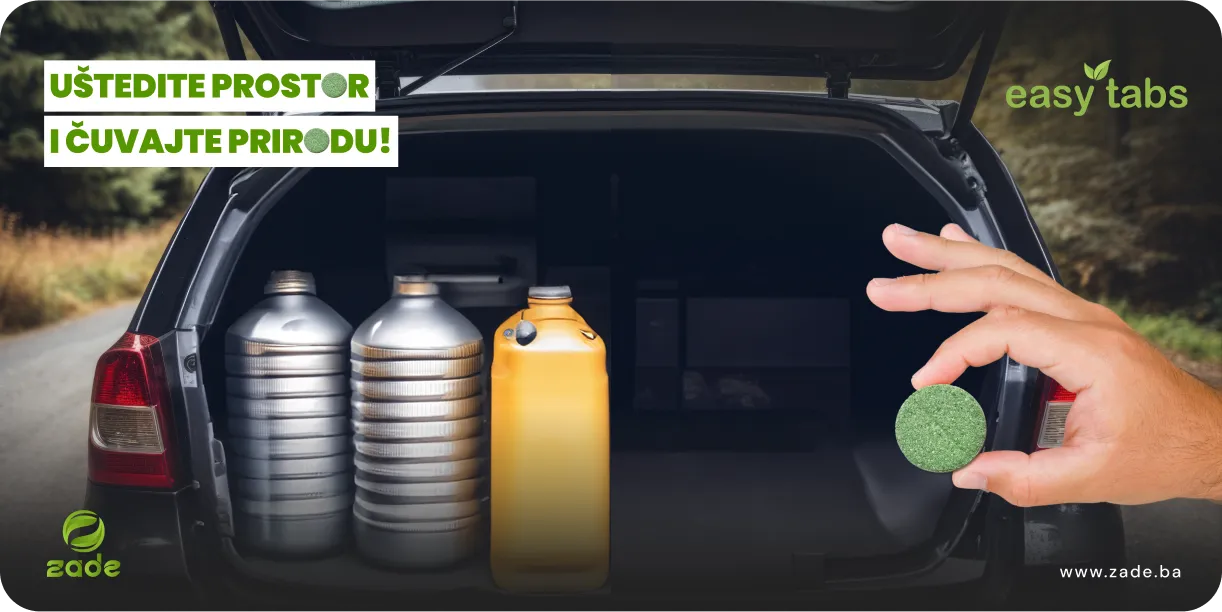 Open car trunk containing three large metal and plastic containers, with a hand holding a small green tablet on the right, promoting space-saving and eco-friendly easy tabs.