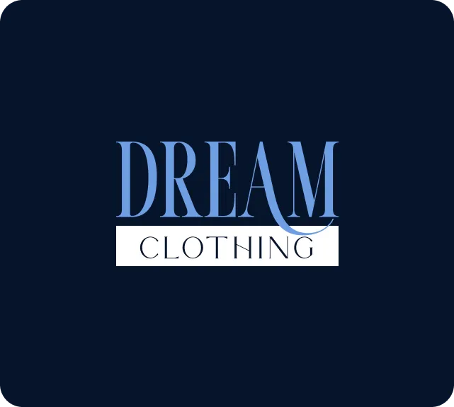 Logo with the words 'DREAM' in large blue uppercase letters and 'CLOTHING' in smaller black uppercase letters on a white rectangle beneath.